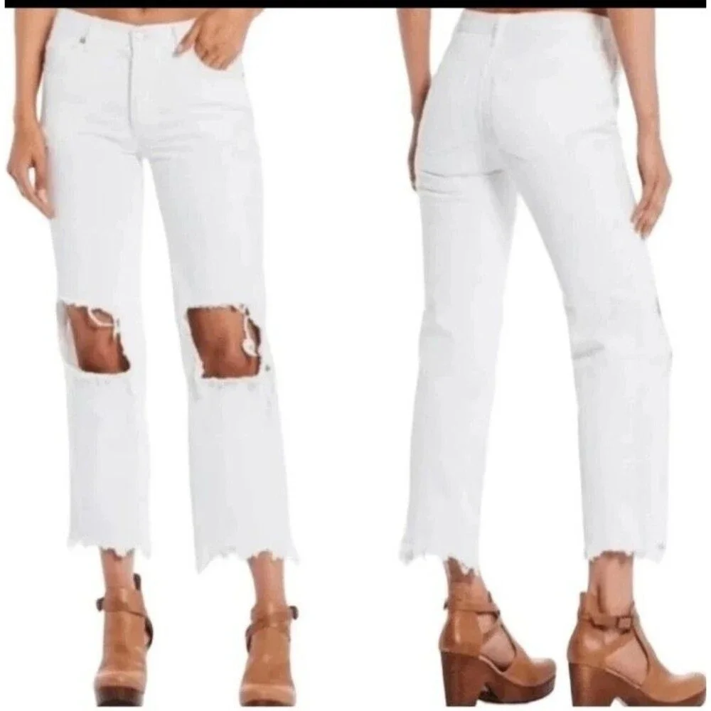 Free People Womens White High Rise Distressed Slim Straight Jeans Size 28